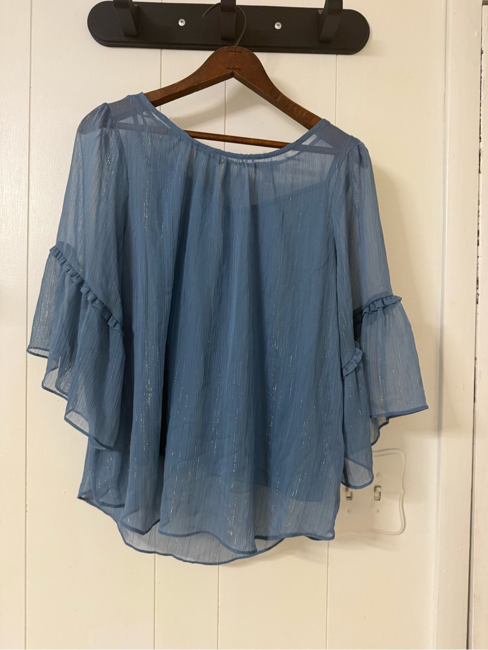 LC Lauren Conrad Sheer Blue Ruffled Flutter-Sleeve Tunic - Picture 2 of 5
